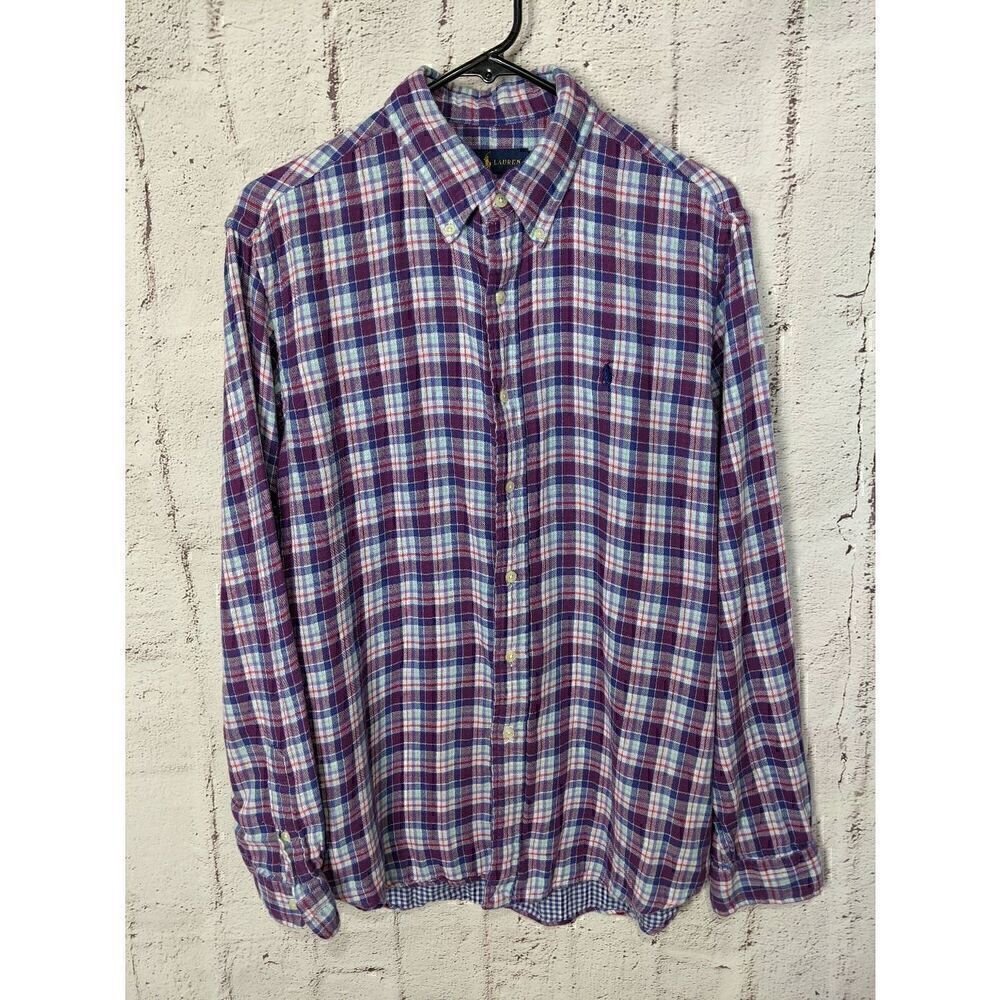 Ralph Lauren Button up Shirt Men Blue Purple Plaid Flannel Cotton Shirt Sz L Lar